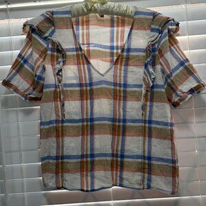 Madewell casual short sleeve 100% cotton plaid top with vertical ruffles; Size L